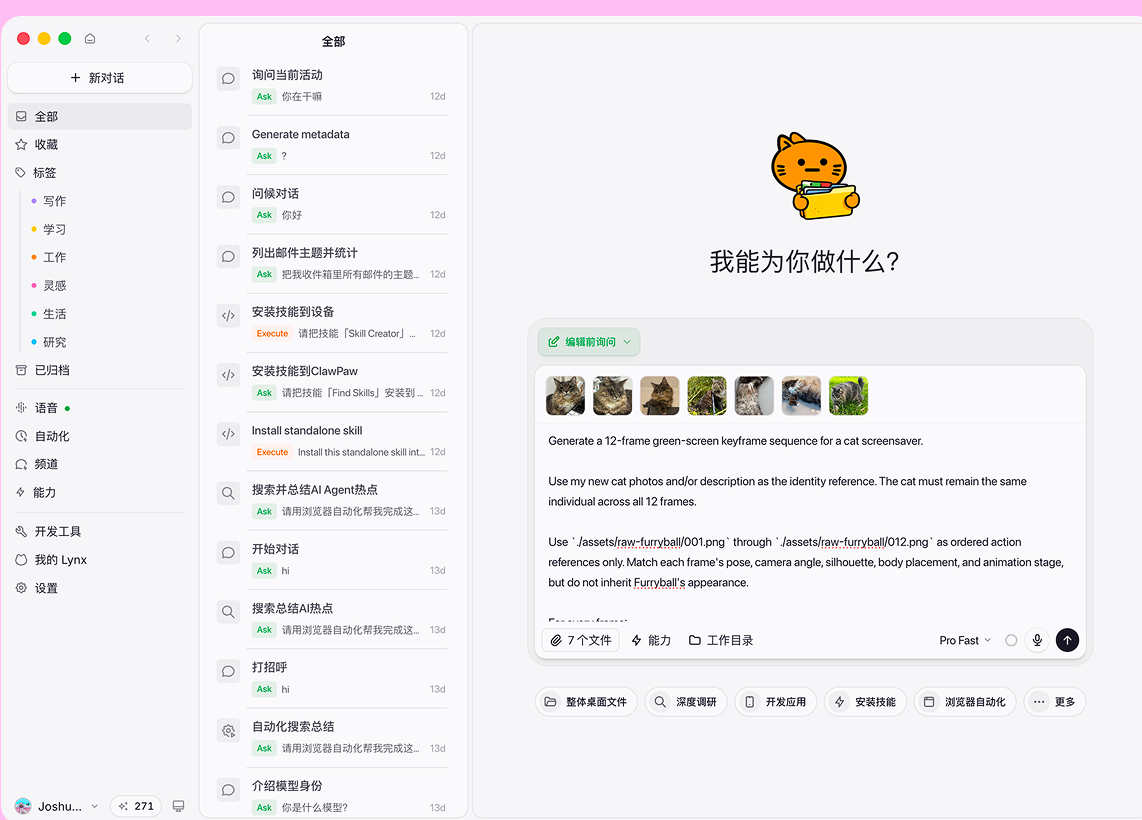 使用 Lynx Agent 生成猫咪绿幕关键帧