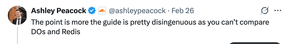 Ashley Peacock 对比 Durable Objects 与 Redis 的回复