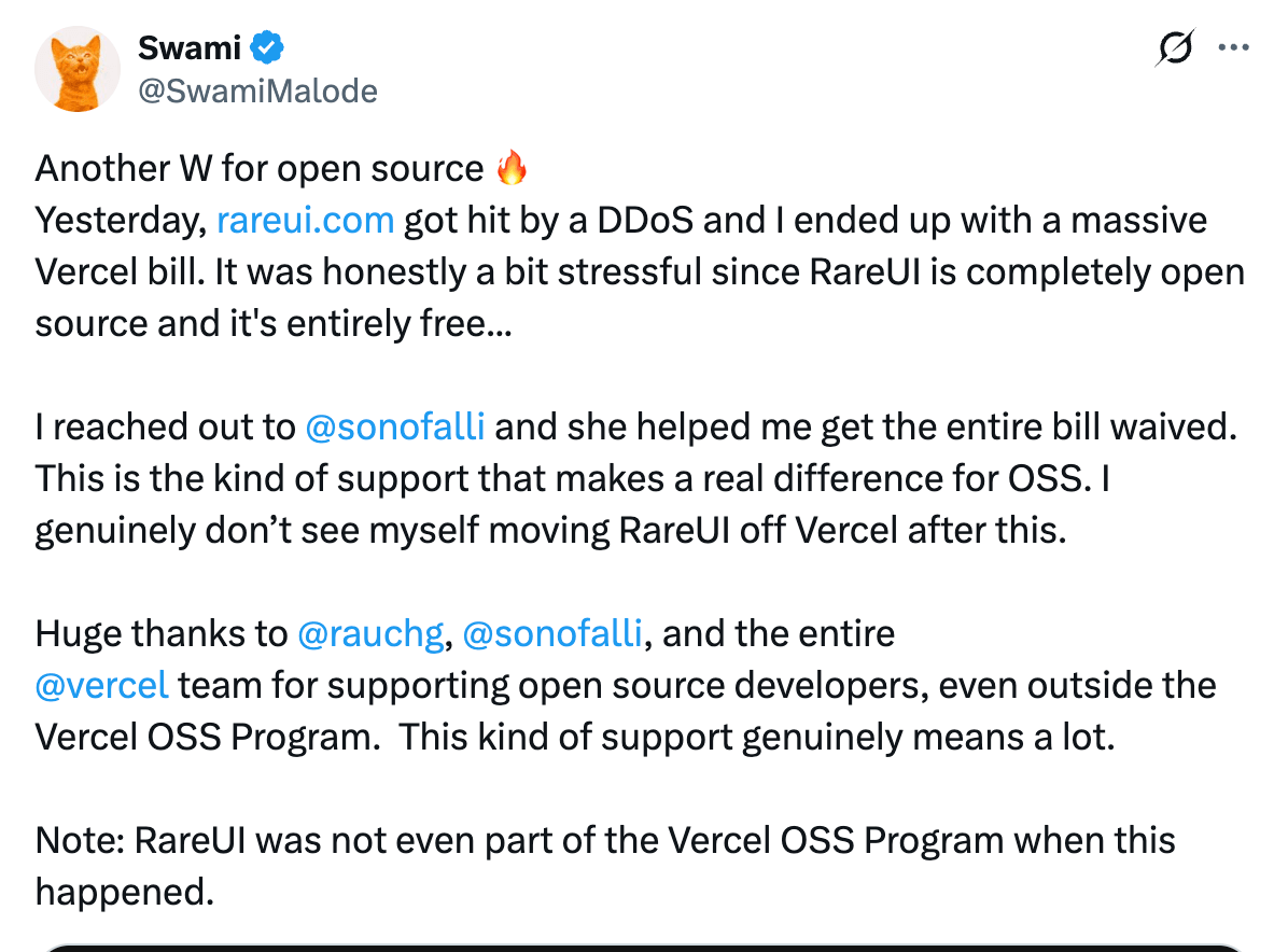 RareUI 作者称 Vercel 免除了 DDoS 后的账单