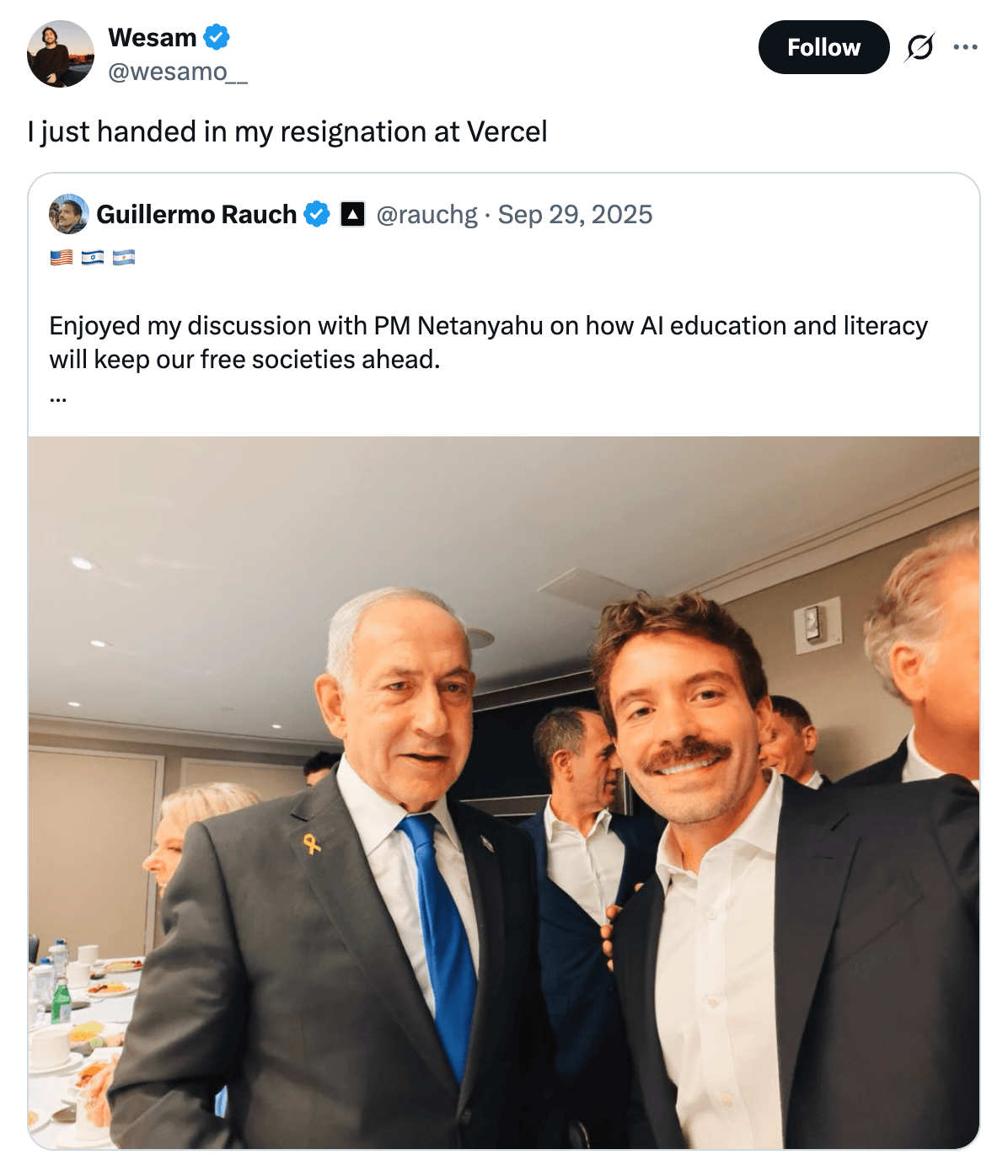 Wesam 引用 Rauch 与内塔尼亚胡合影的辞职帖